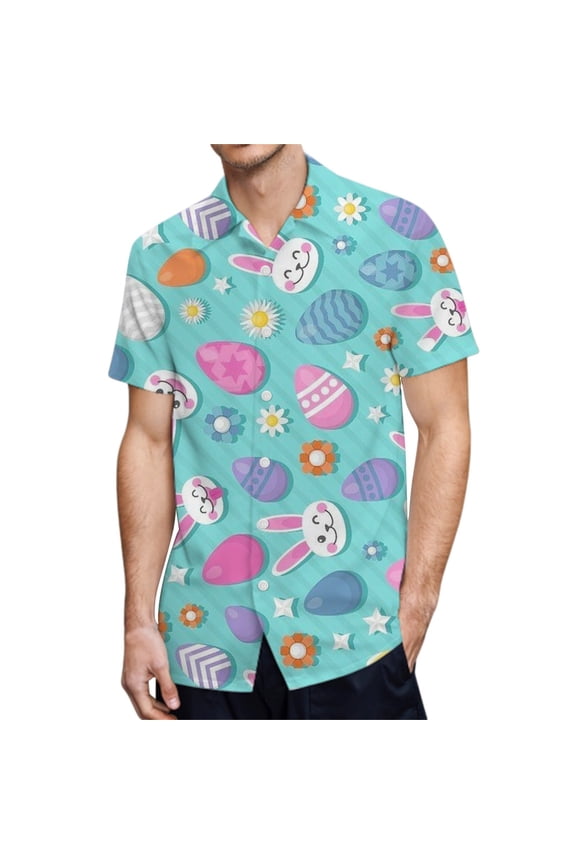Easter Shirts for Men Button Down Short Sleeve Lapel Tops Funny Easter Eggs Print Spring Tees