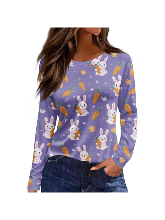 Easter Shirts for Women 2026 Long Sleeve Bunny Graphic Tee Tops Happy Easter Day Funny Colored Eggs Print T-Shirts