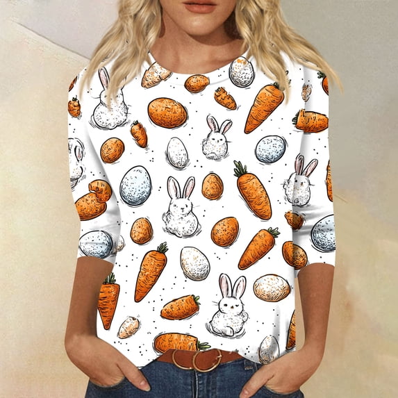 Easter Shirts for Women Bunny 3/4 Length Sleeve 2026 Blouses Easter Egg ...