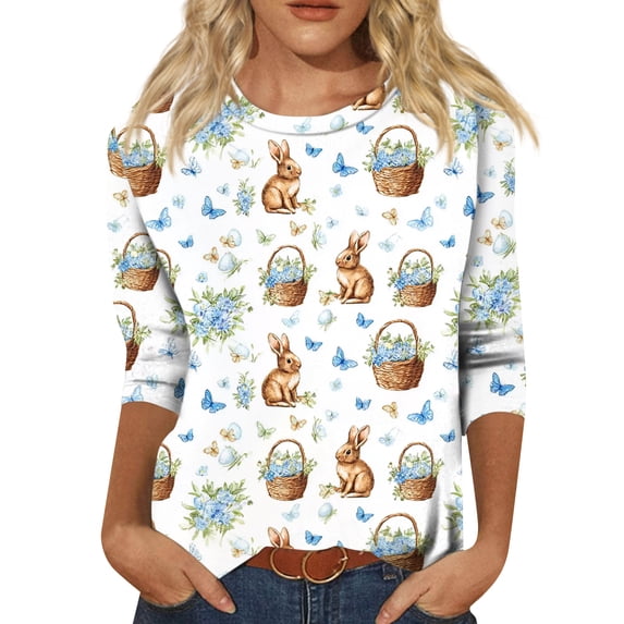 Easter Shirts for Women Bunny Eggs Printed 3/4 Length Sleeve T Shirt Crewneck Soft Shirts Holiday Outfits Casual Family Gifts Tops, #01 Multicolor, S