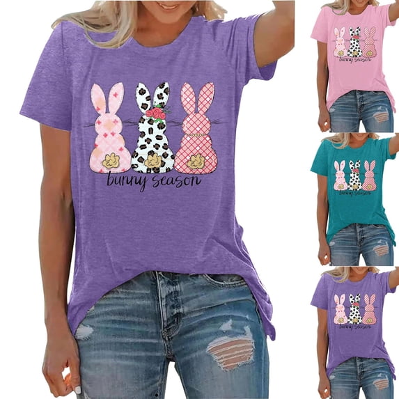 Easter Shirts for Women Bunny Print T Shirts Short Sleeve Crew Neck Graphic Tee Casual Top Pink XXXL