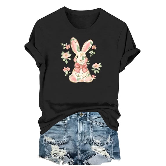 Easter Shirts for Women Bunny Shirt Cute Floral T-Shirt Funny Rabbit Summer Graphic Tee Casual Tops Funny Easter Graphic