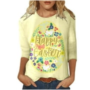 NEBZCIV Easter Shirts for Women Fashion Clothing Eggs Bunny Floral Print T-shirt 3/4 Sleeves Crew Neck Casual Cute Top