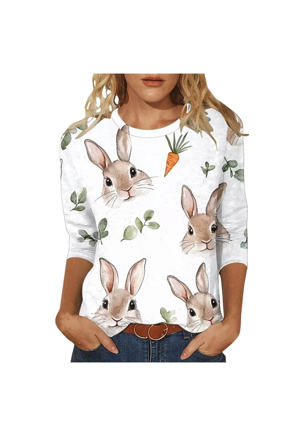 Easter Shirts for Women Funny Egg Graphic Tees 3/4 Length Sleeve Tops Cute Rabbit Bunny Pullovers Tunic Cotton Blouse