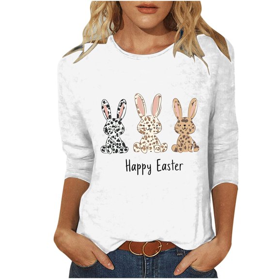 Easter Shirts for Women Funny Egg Graphic Tees 3/4 Length Sleeve Tops Cute Rabbit Bunny Pullovers Tunic Cotton Blouse