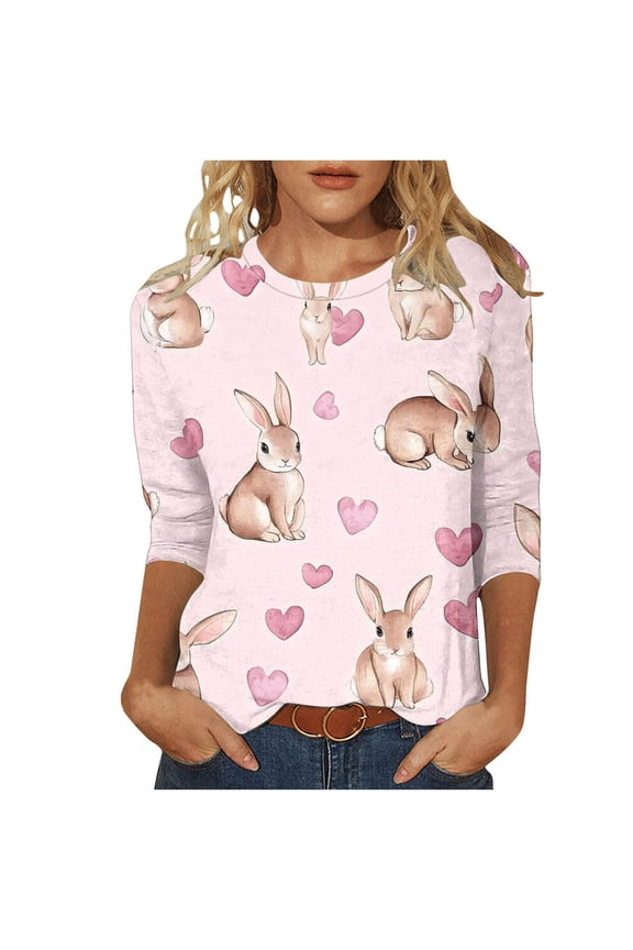 Easter Shirts for Women Funny Egg Graphic Tees 3/4 Length Sleeve Tops Cute Rabbit Bunny Tunic Cotton Blouses