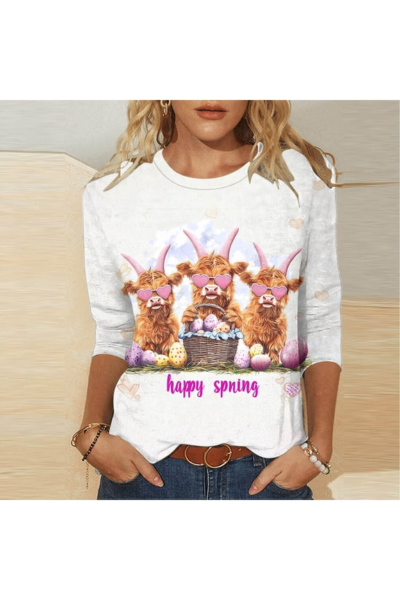 Easter Shirts for Women Plus Size 3/4 Sleeve Happy Bunny Eggs Pullover Blouses Holiday Casual Spring Summer Round Neck Graphic Tee Tops White XXL