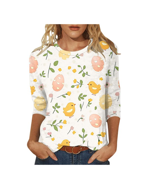 Easter Shirts for Women Spring 3/4 Sleeve Crewneck Eggs Pattern Tee Blouses Cute Rabbit Graphic Holiday Tunic Top 2025