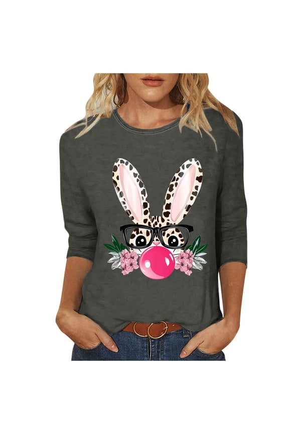 Easter Shirts for Women Spring 3/4 Sleeve Crewneck Eggs Pattern Tee Blouses Cute Rabbit Graphic Holiday Tunic Top 2026