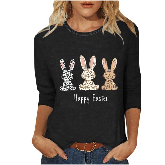 Easter Shirts for Women Spring 3/4 Sleeve Crewneck Eggs Pattern Tee Blouses Cute Rabbit Graphic Holiday Tunic Top 2026