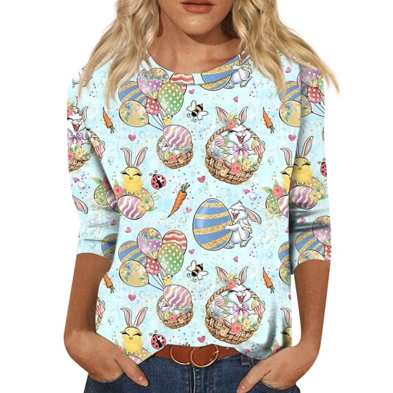 Easter Shirts for Women Three Quarter Length Colored Eggs Print Shirts Crewneck Cute Holiday Outfits T-Shirts Dressy Soft Casual Tee, #01 Pink, XXL
