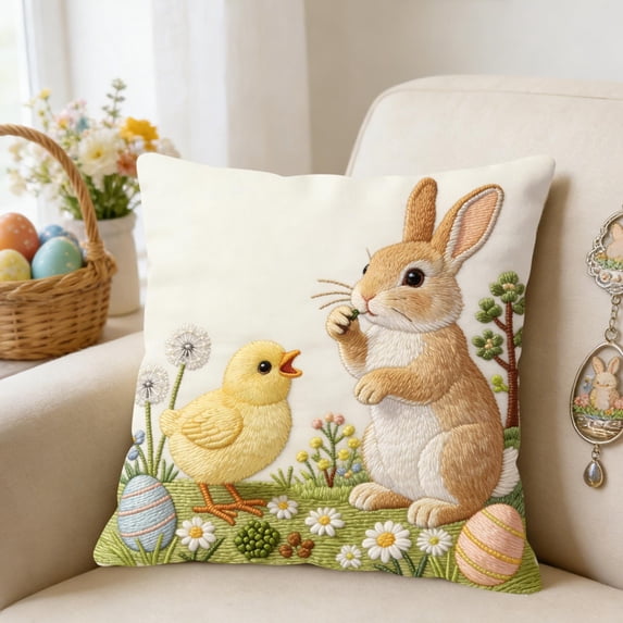 Easter Short Lint Pillow Cover, Single-Sided Print Decorative Throw Pillowcase, Sofa Bedroom Living Room Home Decor, Spring Holiday Cushion Cover (No Insert Included), 17.7*17.7in, B