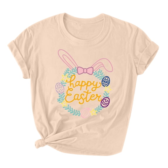 Easter Short Sleeve Round Neck Shirts Women Casual Cute Print Tee Summer Lightweight Pullover Tops (L, B Beige)