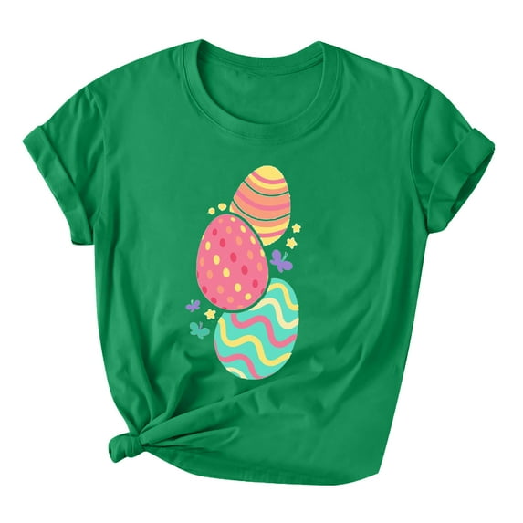 Easter Short Sleeve Round Neck Shirts Women Casual Cute Print Tee Summer Lightweight Pullover Tops (XL, A Green)