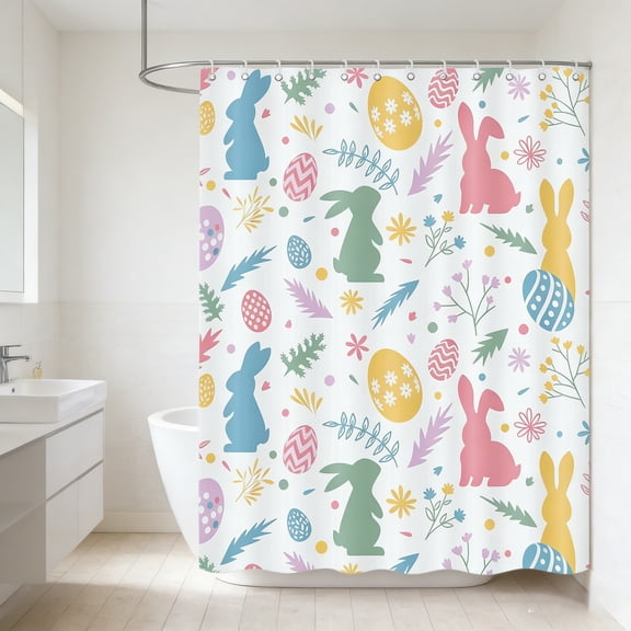 Easter Shower Curtain - 47x70in Colorful Bunny Floral Egg Shower Curtains for Bathroom, Water Repellent, Machine Washable - Spring Farmhouse Holiday Decor