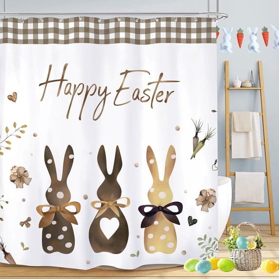 Easter Shower Curtain, 72x72 inch Happy Easter Funny Bunny Shower Curtain Set, Spring Waterproof Rabbit Shower Curtains with Hooks for Easter Bathroom Decor Home Decorations