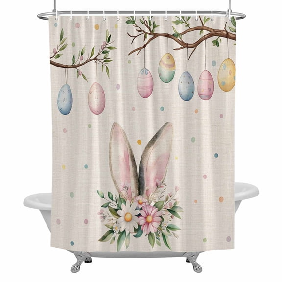 Easter Shower Curtain for Bathroom, Watercolor Pink Blue Egg Branch Spring Flower Bunny Ears Linen Texture Waterproof Cloth Fabric Bathroom Accessories Set with 12 Rust Proof Plastic Hooks, 48"x72"