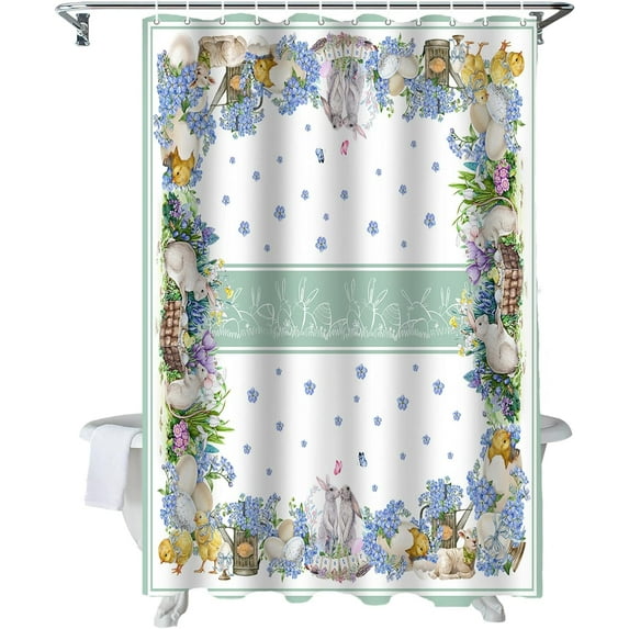 Easter Shower Curtain Bunny Chicken Eggs Shower Curtains for Bathroom Decor Blue Flowers Bath Curtains Sets for Spring Easter Bathroom Decor Fabric Waterproof Standard 72" X 72"