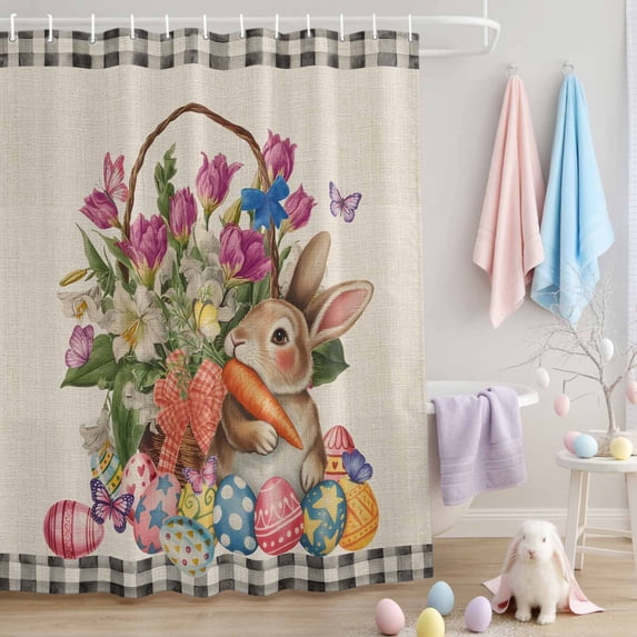 Easter Shower Curtain Bunny Easter Eggs Shower Curtains for Bathroom Decor, Waterproof Polyester Shower Curtain Set with Hooks, Extra Long 72" x 96" Colorful Egg Rabbit Leaves Flower