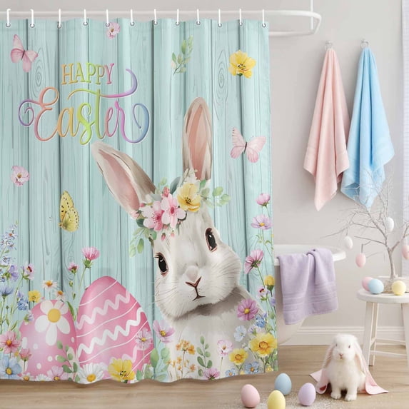 Easter Shower Curtain Bunny Easter Eggs Shower Curtains for Bathroom Decor, Waterproof Polyester Shower Curtain Set with Hooks, Standard Size 72" x 72" Rabbit Spring Floral Wood Grain