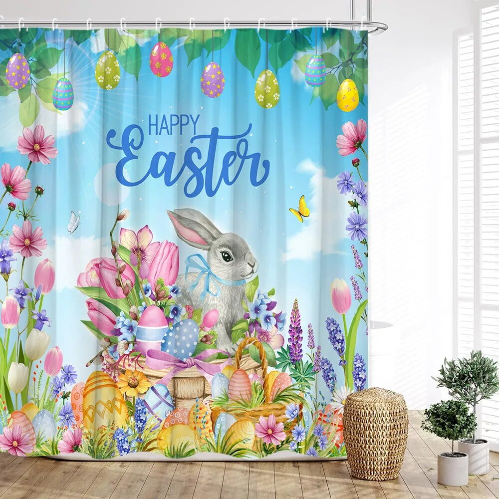 Easter Shower Curtain Bunny Egg Farm Farmhouse Butterfly Spring Flowers
