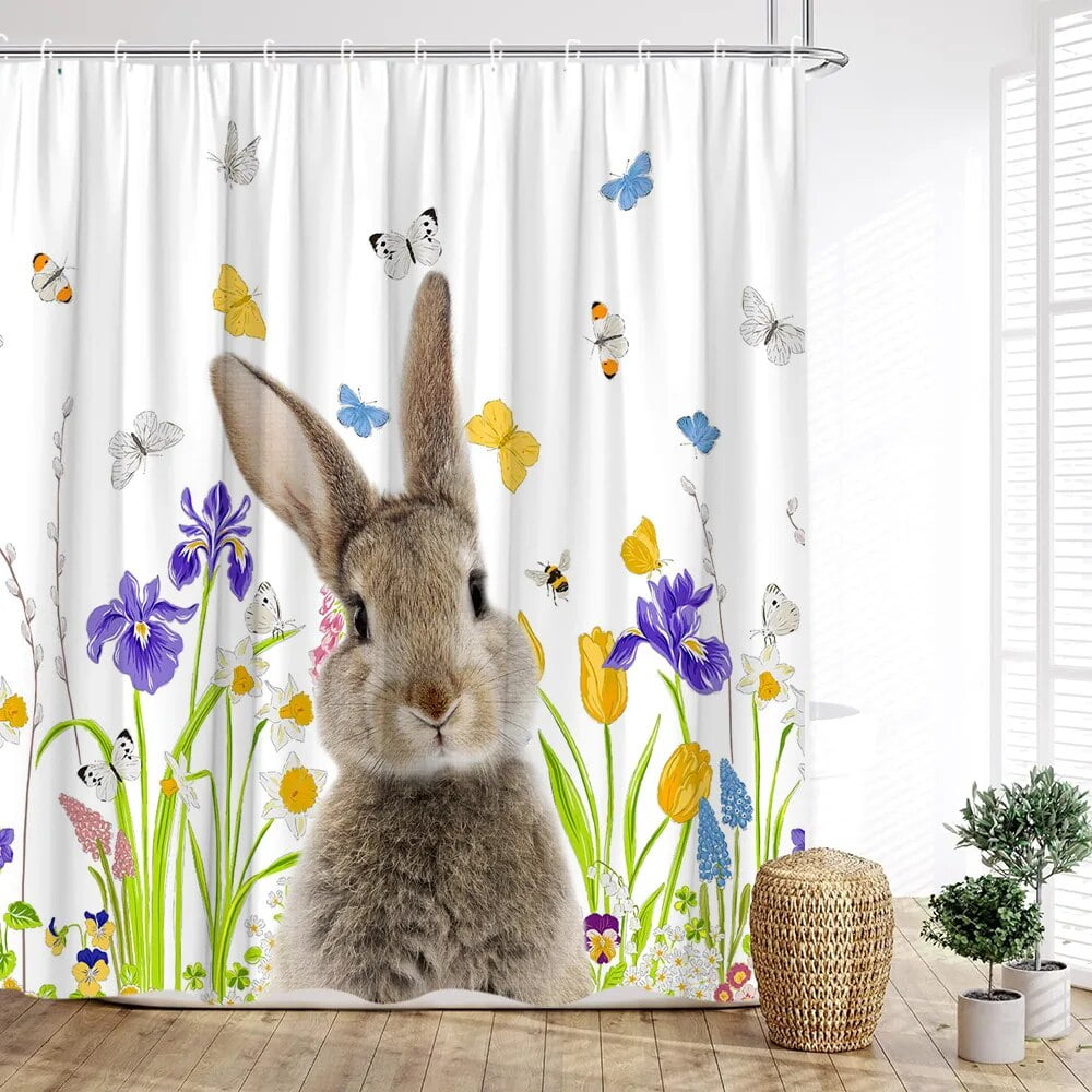 Easter Shower Curtain Bunny Egg Farm Farmhouse Butterfly Spring Flowers