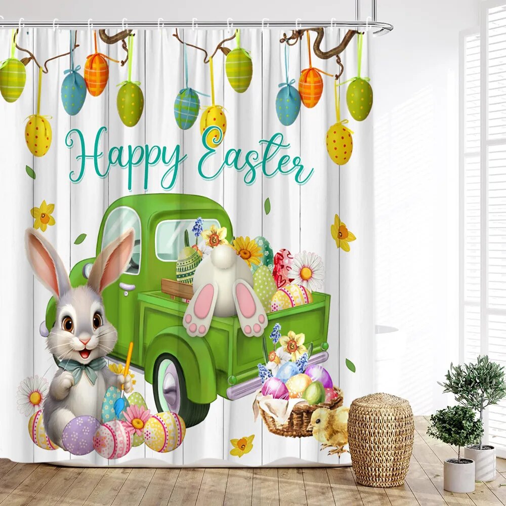 Easter Shower Curtain Bunny Egg Farm Farmhouse Butterfly Spring Flowers
