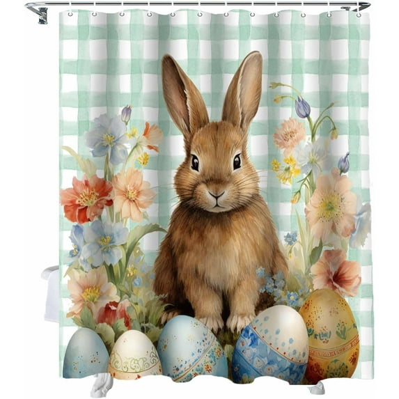 Easter Shower Curtain Bunny Eggs Flowers Shower Curtains for Bathroom Decor Green Plaid Spring Plants Bath Curtains Sets for Spring Easter Bathroom Decor Fabric Waterproof Standard 72" X 72"