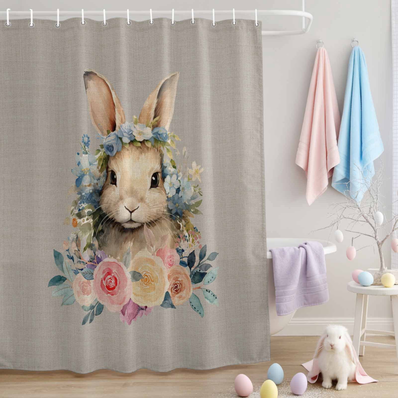 Easter Shower Curtain Bunny Flowers Wreath Shower Curtains for Bathroom ...