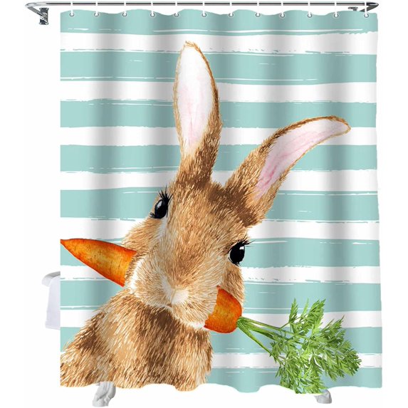 Easter Shower Curtain Bunny Rabbit Carrot Shower Curtains for Bathroom Decor Water Color Stripe Bath Curtains Sets for Spring Easter Bathroom Decor Fabric Waterproof Standard 72" X 72"