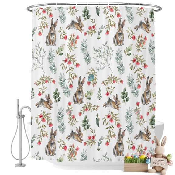 Easter Shower Curtain Bunny Spring Flowers Bathroom Curtains with Hooks, Waterproof Fabric Rabbit Green Eucalyptus Leaf Bath Shower Curtains Set for Bathroom Bathtubs Spring Decor 72x72 Inch