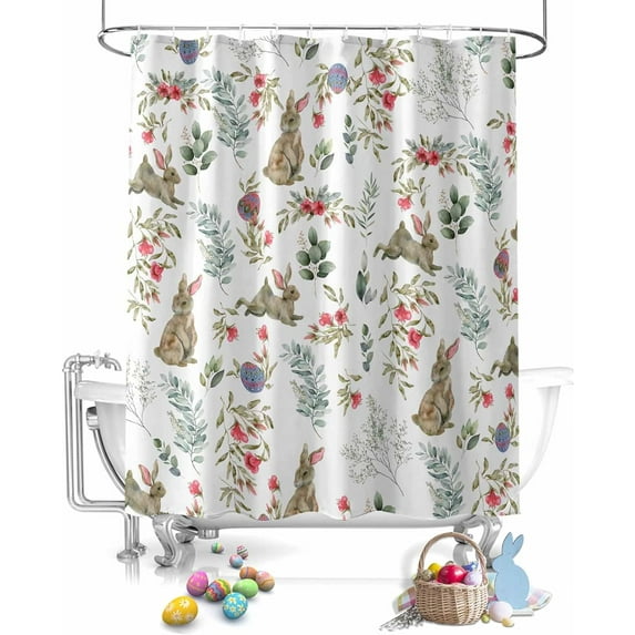 Easter Shower Curtain Bunny Spring Flowers Shower Curtains for Bathroom Decor Green Eucalyptus Leaf Plant Bath Curtains Sets for Spring Easter Bathroom Decor Fabric Waterproof Extra Long 72" X 84"