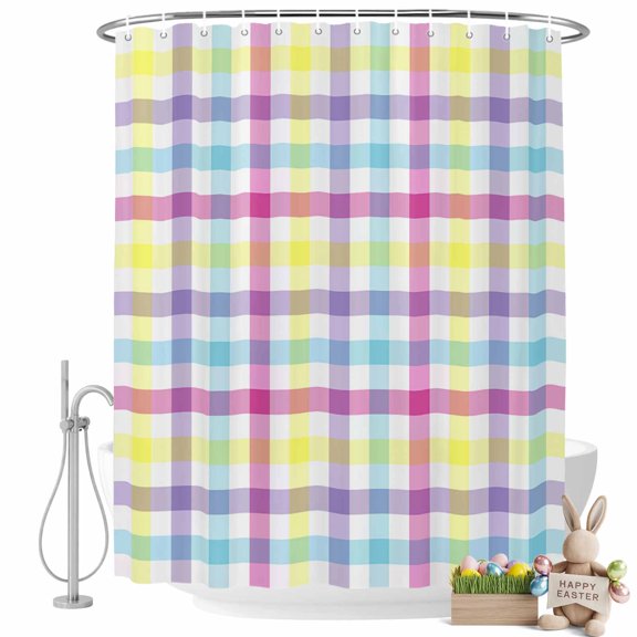 Easter Shower Curtain Color Lattice Bathroom Curtains with Hooks, Waterproof Fabric Rainbow Check Plaid Buffalo Bath Shower Curtains Set for Bathroom Bathtubs Spring Decor 36x72 Inch