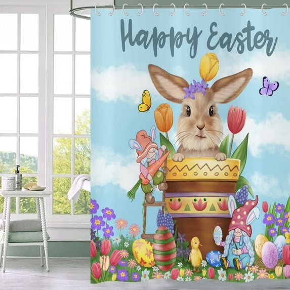 Easter Shower Curtain, Cute Bunny Rabbit Gnomes with Colorful Tulip Flowers Buttflies Spring Bathroom Curtain for Home Bathtub Decor Waterproof Fabric Machine Washable with 12 Hooks