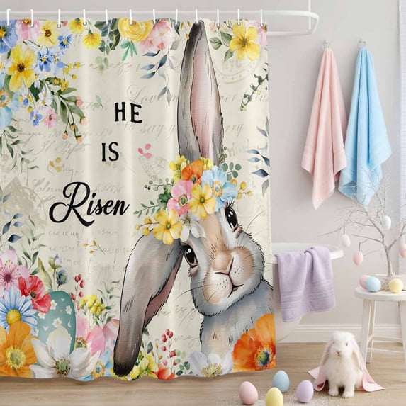 Easter Shower Curtain Easter Bunny Shower Curtains for Bathroom Decor, Waterproof Polyester Shower Curtain Set with Hooks, Extra Long 72" x 84" Spring Flower Leaves Egg Vintage