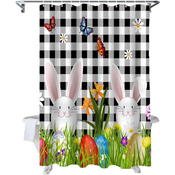 Easter Shower Curtain Easter Egg Bunny Spring Flower Shower Curtains for Bathroom Decor Black Buffalo Plaid Bath Curtains Sets for Spring Easter Bathroom Decor Fabric Waterproof Standard 72" X 72"
