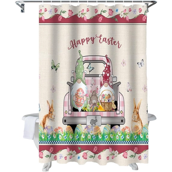 Easter Shower Curtain Easter Eggs Gnome Bunny Truck Shower Curtains for Bathroom Decor Spring Flowers Bath Curtains Sets for Spring Easter Bathroom Decor Fabric Waterproof Small Stall 36" X 72"