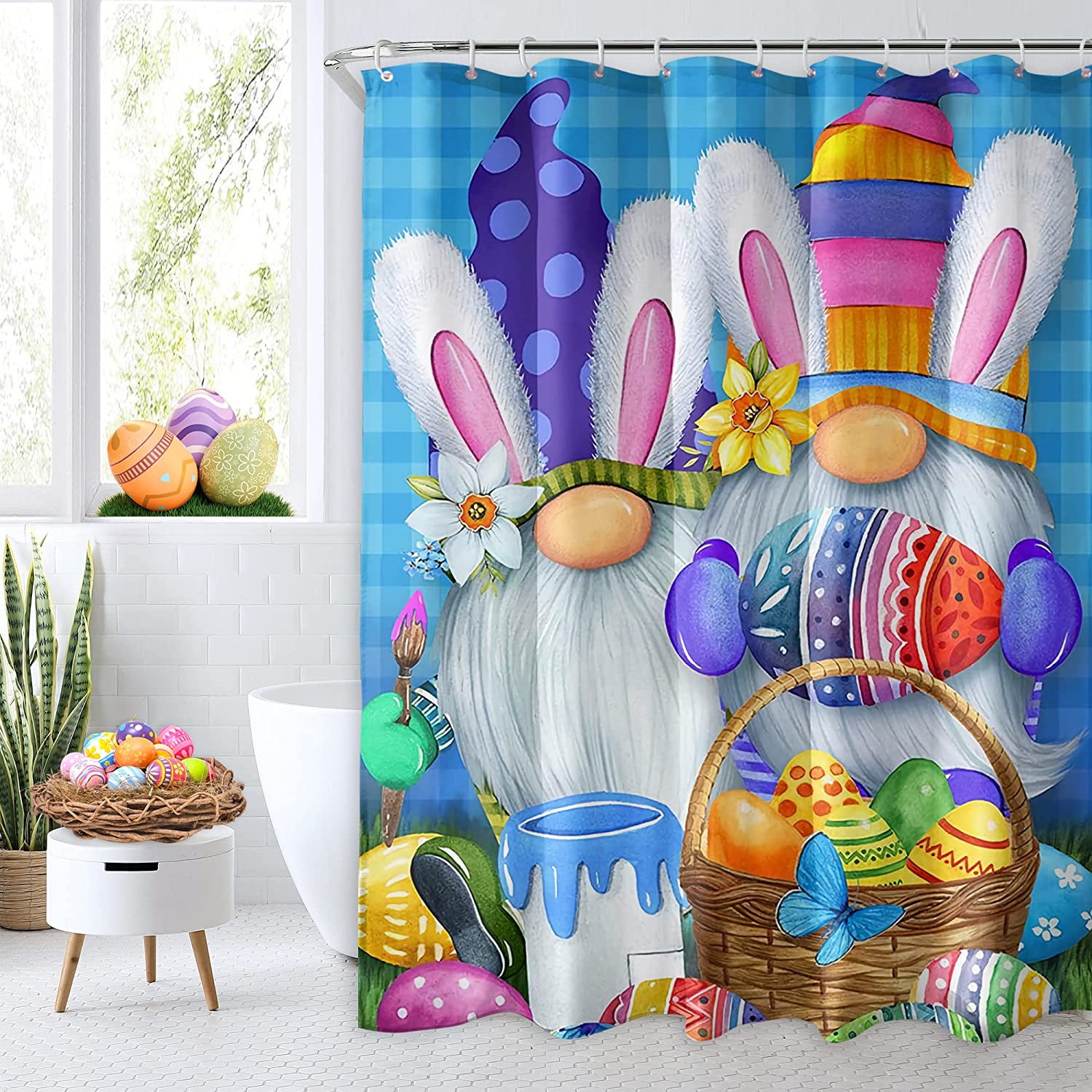 Easter Shower Curtain, Easter Gnome Bunny Shower Curtains for Bathroom