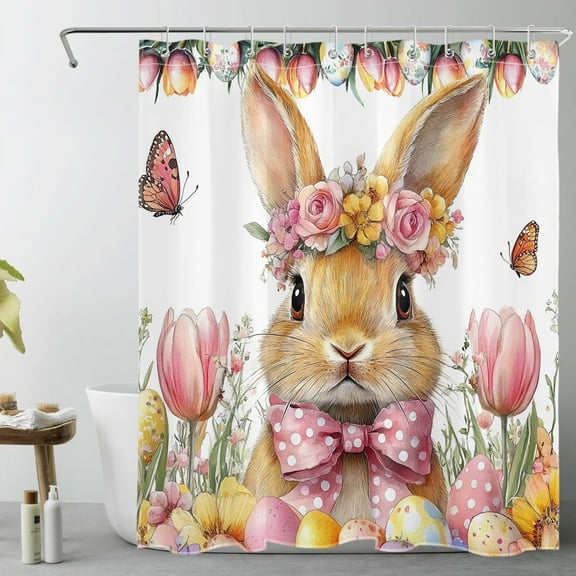 Easter Shower Curtain Funny Bunny Rabbit Easter Egg Colorful Floral Plant Wreath Rustic Bathroom Spring Nature Art Home Decor Waterproof Durable Shower Curtain Accessories with 10 Hooks 60x72 Inches