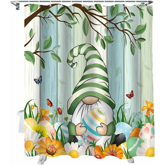 Easter Shower Curtain Gnome Egg Bathroom Curtains with Hooks, Waterproof Fabric Flower Green Tree Branch Wood Shower Curtains Set for Bathroom Bathtubs Seasonal Spring Holiday Decor Gift 36x72 Inch