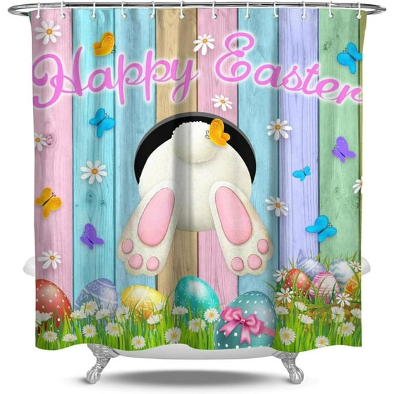 Easter Shower Curtain Happy Easter Bunny Shower Curtains for Bathroom, Easter Eggs with Tulip Flowers and Gnomes Bathtubs Bathroom Curtain Decor with 12 Rings, Spring Home Decor72x84in