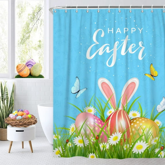 Easter Shower Curtain, Happy Easter Cute Bunny Rabbit Ear Spring Floral Colorful Eggs with Butterflies Bathroom Curtain Waterproof Fabric Machine Washable with Hooks, 72" Wx72 L