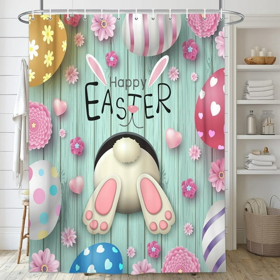 Easter Shower Curtain, Happy Eggs Rabbit Shower Curtain Set for Bathroom, Spring Farmhouse Fabric Shower Curtain Restroom Bathtub Decor Accessories with Hooks 72X 84 inch