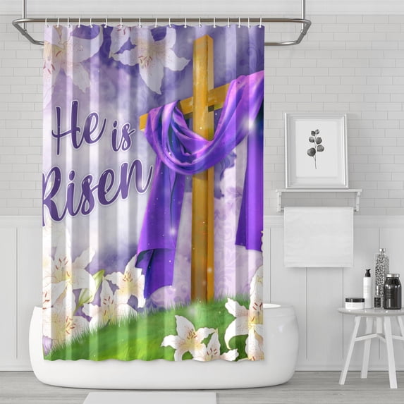 Easter Shower Curtain, He is Risen Shower Curtains for Bathroom, Spring Easter Floral Home Decor Waterproof Fabric with Hooks 72x72 Inch