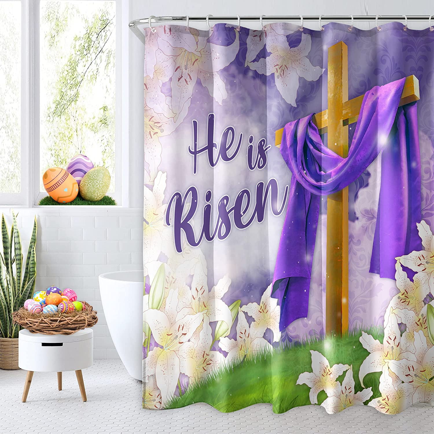 Easter Shower Curtain, He is Risen Shower Curtains for Bathroom, Spring