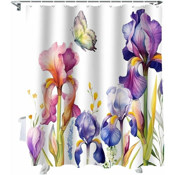 Easter Shower Curtain Iris Flower Butterfly Shower Curtains for Bathroom Decor Floral Leaves Branch Purple Bath Curtains Sets for Spring Easter Bathroom Decor Fabric Waterproof Standard 72" X 72"