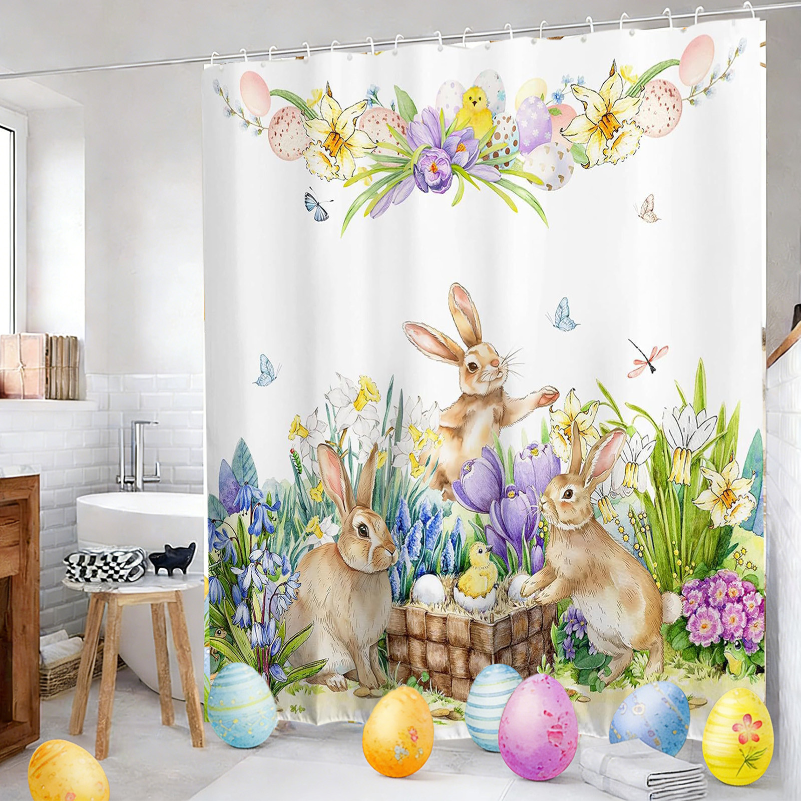 Easter Shower Curtain, No-Drill Installation, Includes 12 Hooks