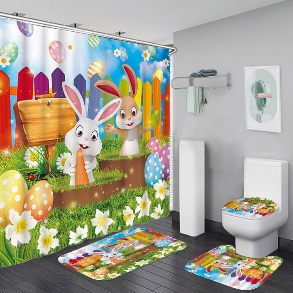 Easter Shower Curtain Set, Happy Easter Bunny Shower Curtains for
