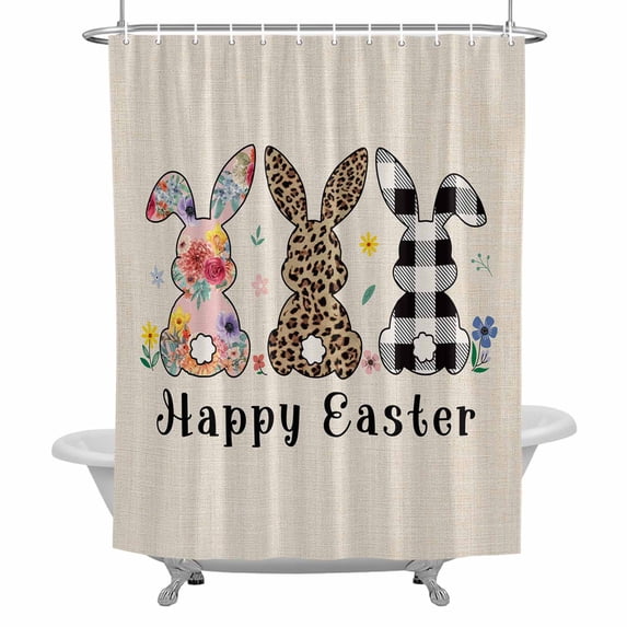 Easter Shower Curtain Set with Hooks, Spring Floral Leopard Plaid Bunny Waterproof Fabric Bathroom Curtains Decor Home Accessories,72 X 84 Inch Extra Long