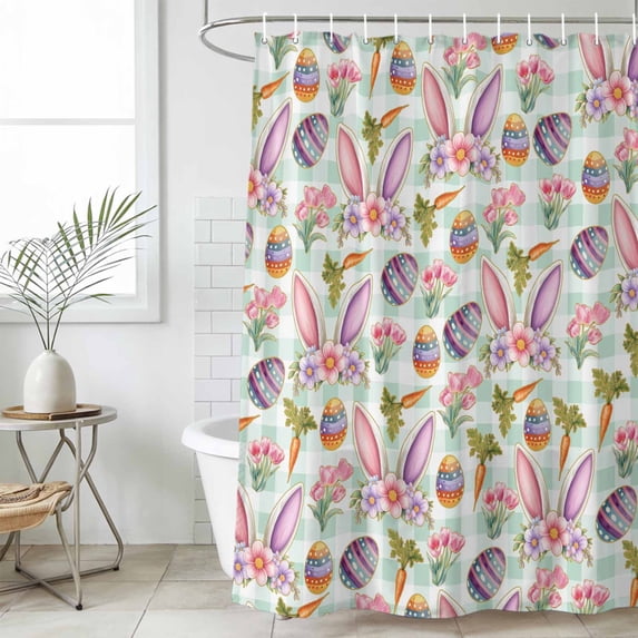 Easter Shower Curtain Set, Waterproof Shower Curtains for Bathroom, Spring Rabbit Ears Eggs Carrots Floral Green Plaid Washable Fabric Bath Curtain for Bathtub Decoration with Hooks 72x78 Inches